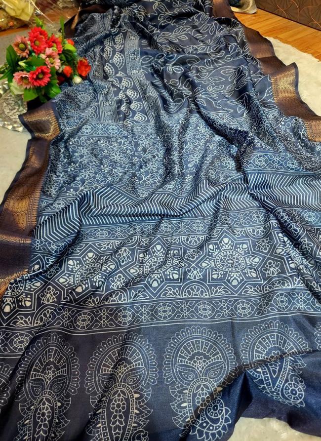 Soft Dola Silk Blue Festival Wear Ajrakh Printed Saree
